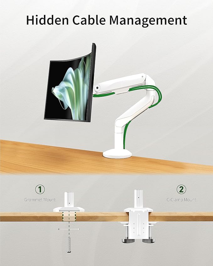 Ultrawide Single Monitor Mount, Adjustable Gas Spring Monitor Arm for 17 to 49 inch Screens, 75/100 Vesa Mount with C-Clamp and Grommet Base, White