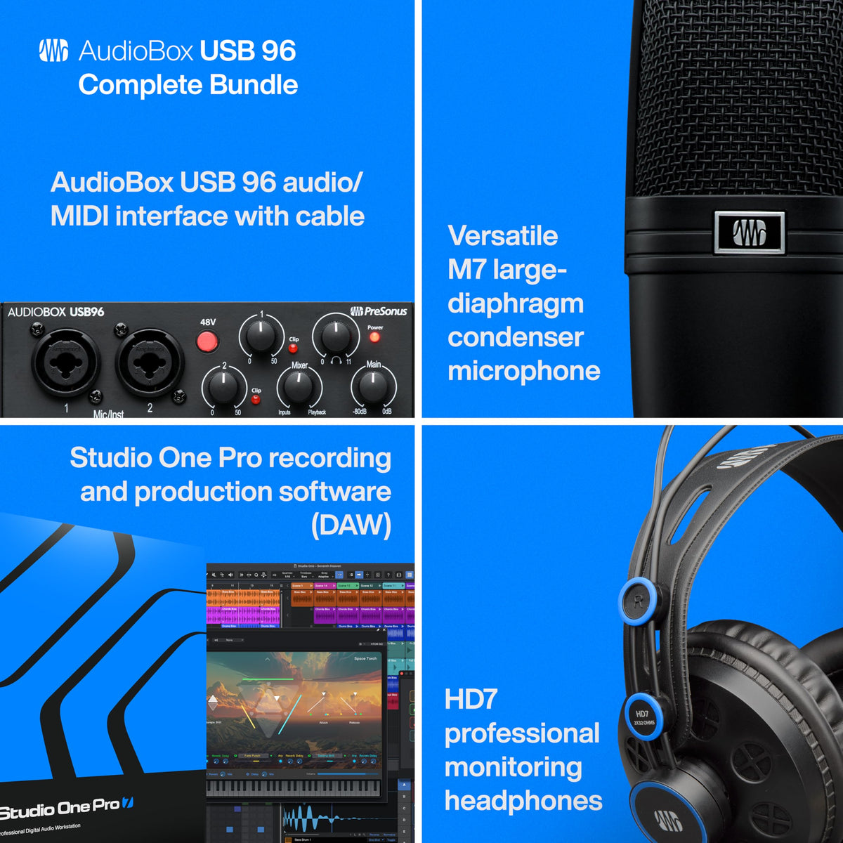 PreSonus AudioBox USB 96 Bundle — USB Audio Interface, XLR Interface for Guitar, Device for PC & Mac, Complete Recording Package with Studio One Pro, Music Production, Home Studio