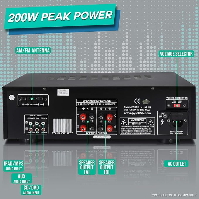 Pyle 200W Home Audio Power Amplifier - Stereo Receiver w/AM FM Tuner, 2 Microphone Input w/Echo for Karaoke, Great Addition to Your Home Entertainment Speaker System - PT260A.5