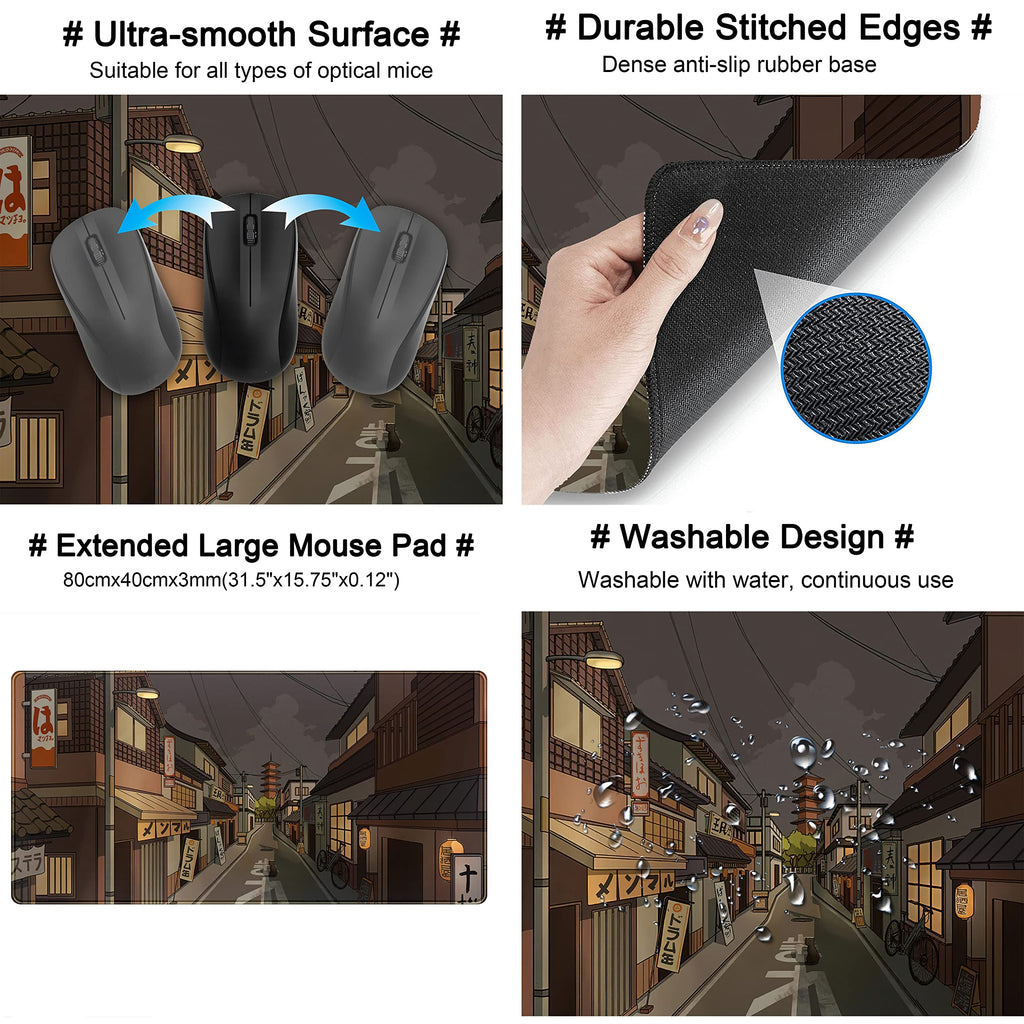 Tokyo Street at Night Kawaii Japanese XL Mouse Pad, Cute Gaming Desk Pads, Anime Large Desktop Mat, XXL Keyboard Mats, Extended Laptop Mat 31.5''X15.7''