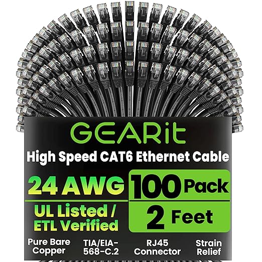GEARit Cat 6 Ethernet Cable Pack - 100-Pack 2 ft Cat6 Ethernet Patch Cables | RJ45 Network Patch Cable, 10 Gbps Snagless Gold-Plated Connectors - Ethernet Cable Cat 6 for PC, TV, Router - Black