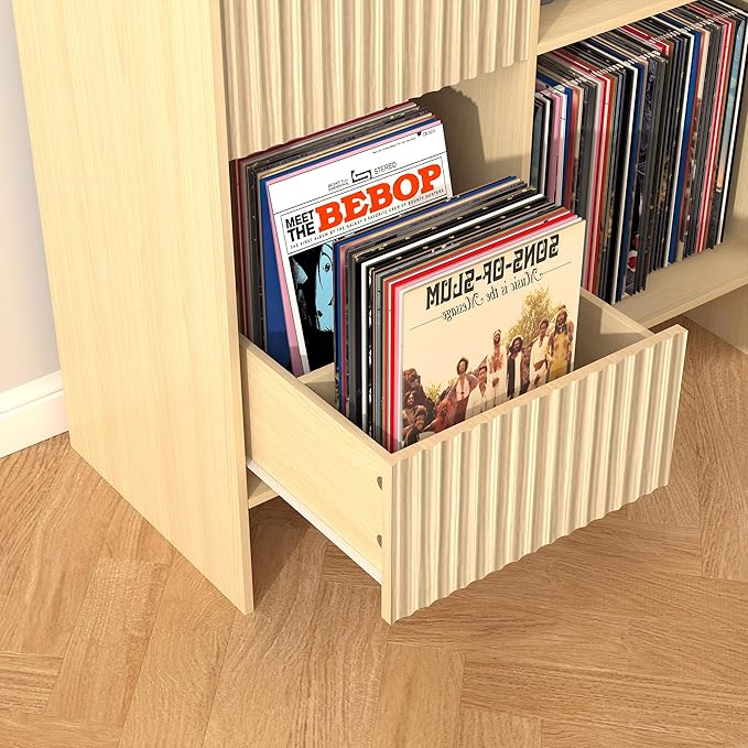 Record Player Stand with Vinyl Storage - Mid Century Modern Turntable Stand with Adjustable Shelves & Cable Hole, Record Player Table with 4 Cubes for Living Room, Bedroom, Oak