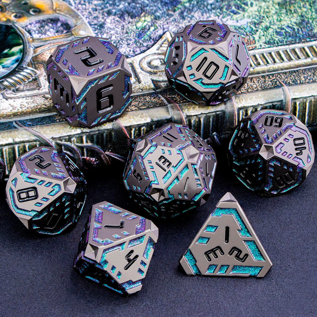 OGCOPHEN Metal DND Sci-fi Dice Set 7PCS Stripe Polyhedral Dice for Dungeons Dragons RPG Role Playing Game, Glitter D and D Dice with Gift Box D6 D8 D10 D12 D20 (Black&Green Purple)