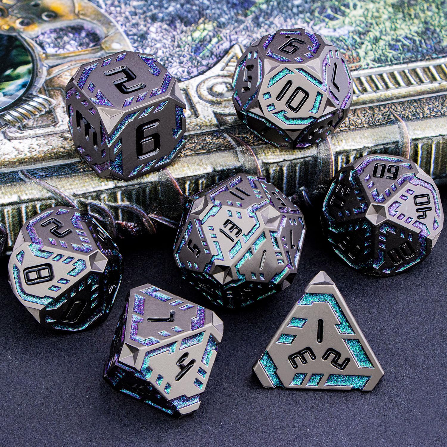 OGCOPHEN Metal DND Sci-fi Dice Set 7PCS Stripe Polyhedral Dice for Dungeons Dragons RPG Role Playing Game, Glitter D and D Dice with Gift Box D6 D8 D10 D12 D20 (Black&Green Purple)
