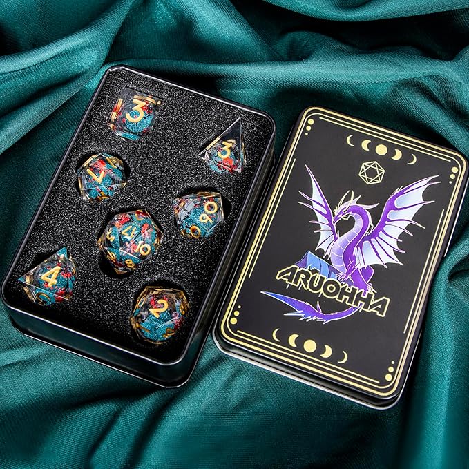 ARUOHHA DND Resin Dice Plum Blossom Liquid Core Dice Golden Blue Sharp Edged Polyhedral Dragons Dice Set with Gift Box, Dungeons D and D Dice Role Playing Game D20 D12 D10 D8 D6 D4