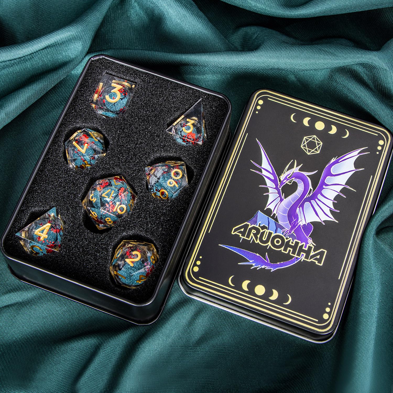 ARUOHHA DND Resin Dice Plum Blossom Liquid Core Dice Golden Blue Sharp Edged Polyhedral Dragons Dice Set with Gift Box, Dungeons D and D Dice Role Playing Game D20 D12 D10 D8 D6 D4