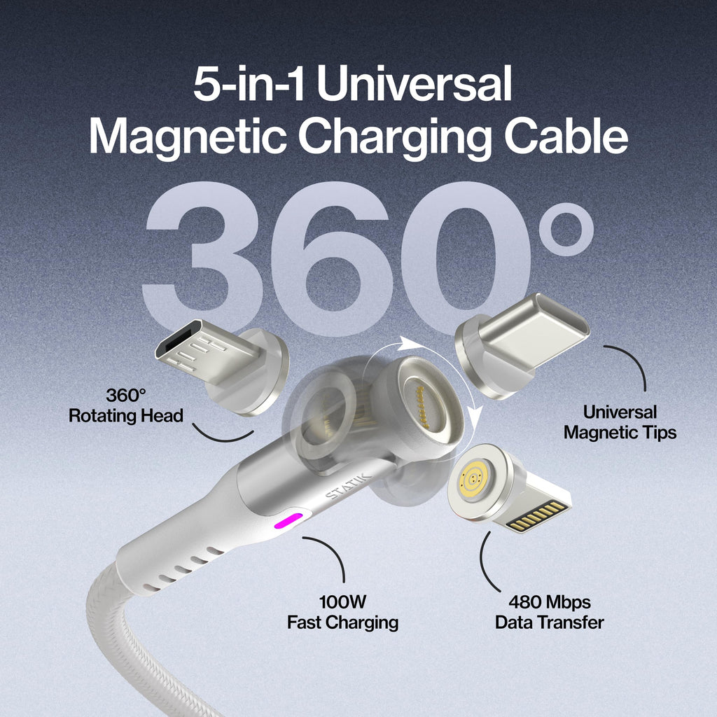 Statik 360 Pro Magnetic Charging Cable, USB-C Micro-USB Lightning Tips 100W